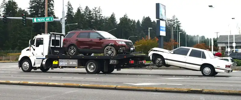 Seller shaking hands with a tow truck driver beside a pickup